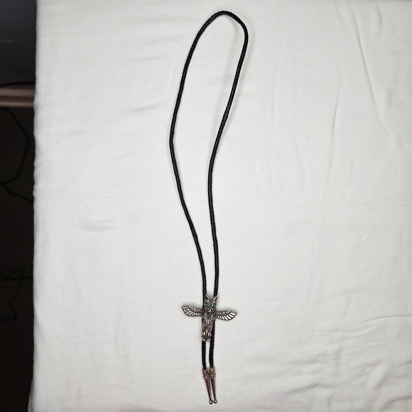 Unbranded Other - Vtg Bolo Tie Eagle Totem Silver Tone Turquoise Black Leather Braided Cord Native